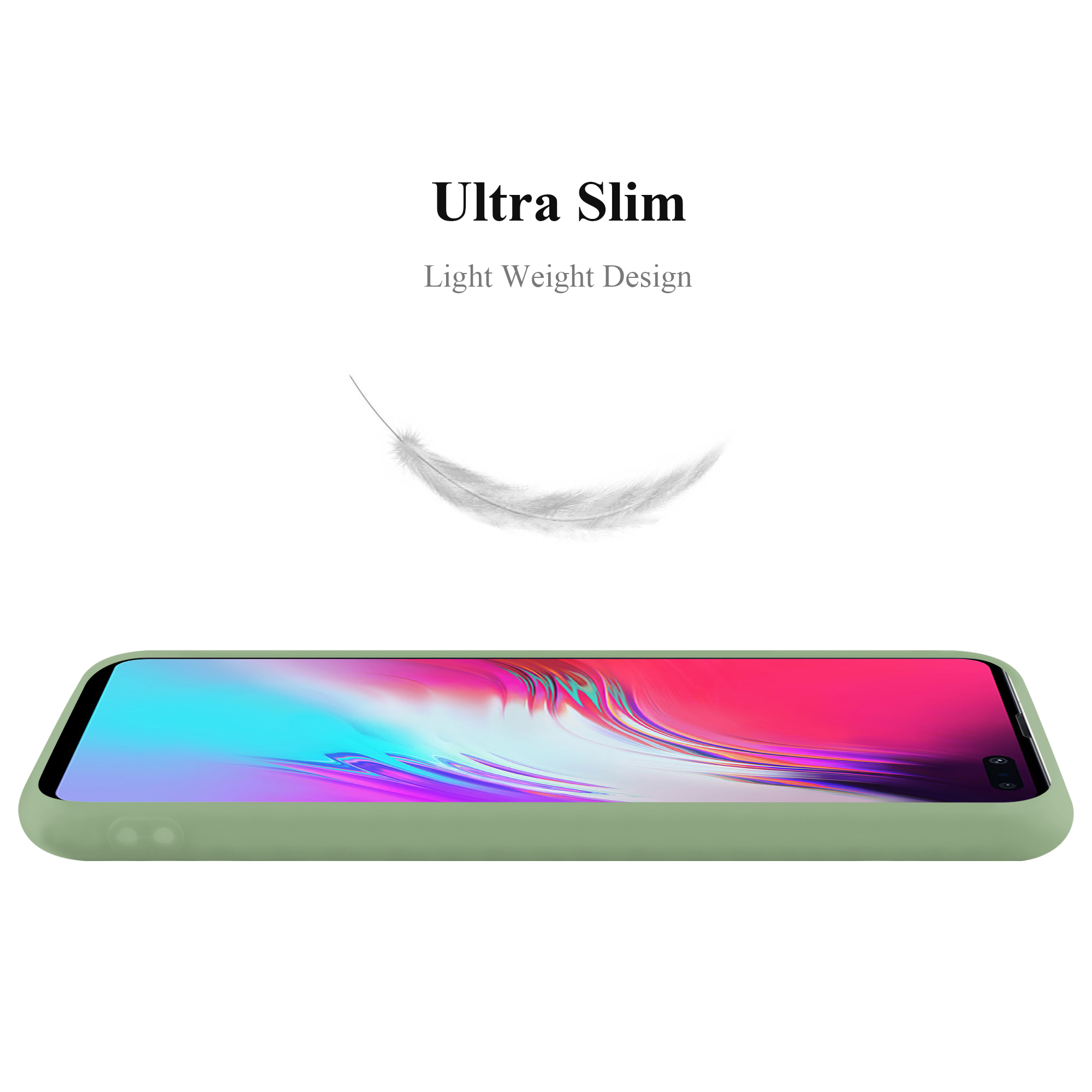 Eine Handyhülle in grüner Farbe. Der Text lautet Ultra Slim und Light Weight Design.