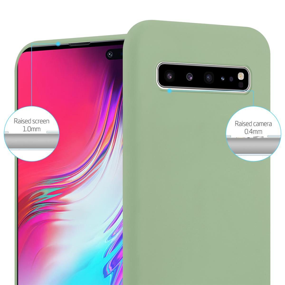 Eine hellgrüne Handyhülle mit einem Telefon darin. Textbeschriftungen auf dem Bildschirm und der Kamera. Die Hülle schützt es.