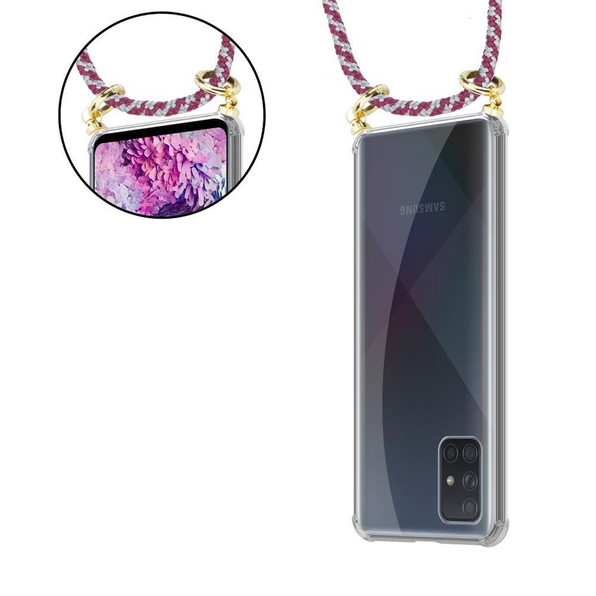 Un telefono con custodia trasparente e cordino. Lo schermo mostra un motivo floreale.