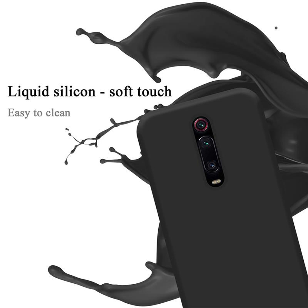 Custodia per telefono nera con schizzi di liquido nero, testo: 'soft touch'.