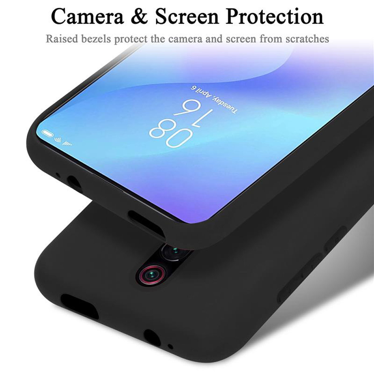 Primo piano di una custodia per telefono con cornice nera, con il testo 'Camera & Screen Protection'.