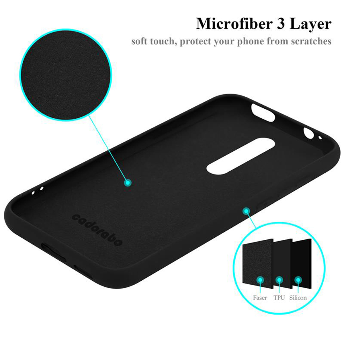 Interno della custodia del telefono nera. La custodia ha tre strati: Faser, TPU e Silicone.