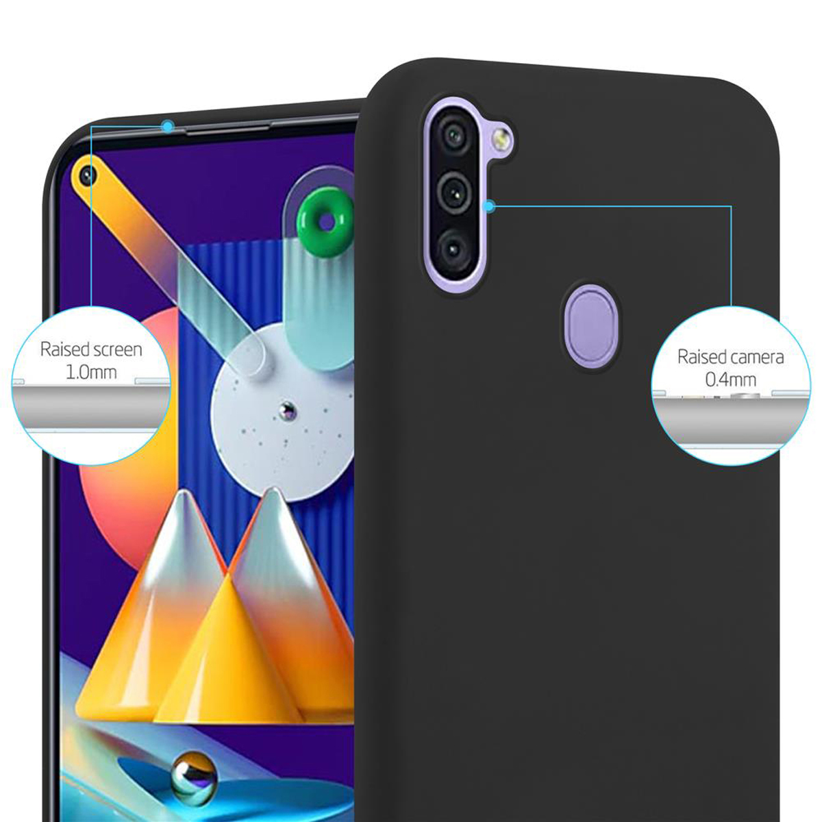 Custodia nera con protezione rialzata per fotocamera e schermo. I diagrammi mostrano i bordi rialzati.