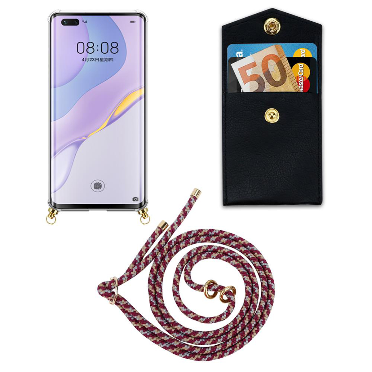 GELB 7 und Kette PRO WEIß Huawei, Ringen, Backcover, mit Handy 5G, Band abnehmbarer Gold Hülle, NOVA Kordel CADORABO ROT