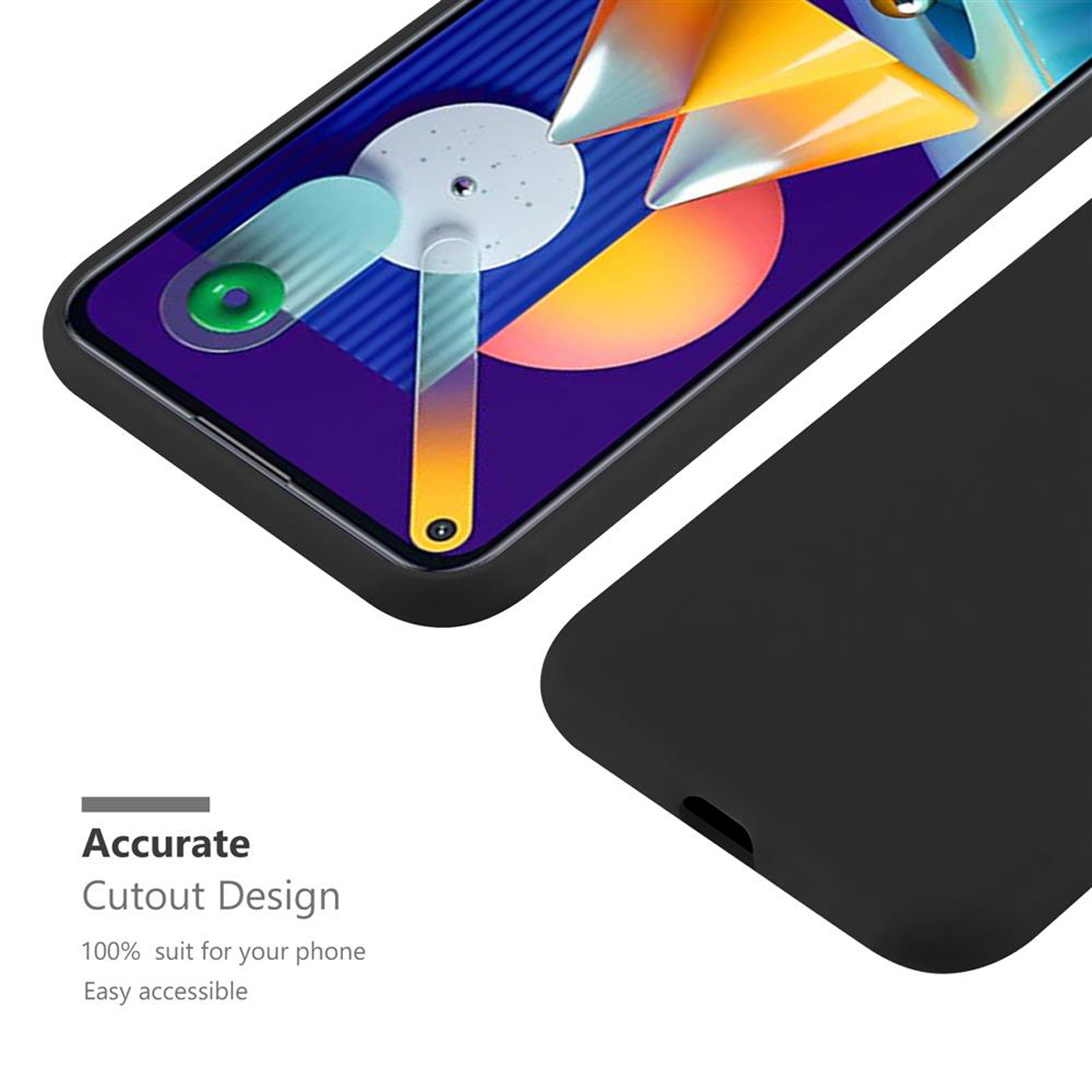 Una custodia per telefono nera con un telefono all'interno e il testo Design con ritaglio accurato.
