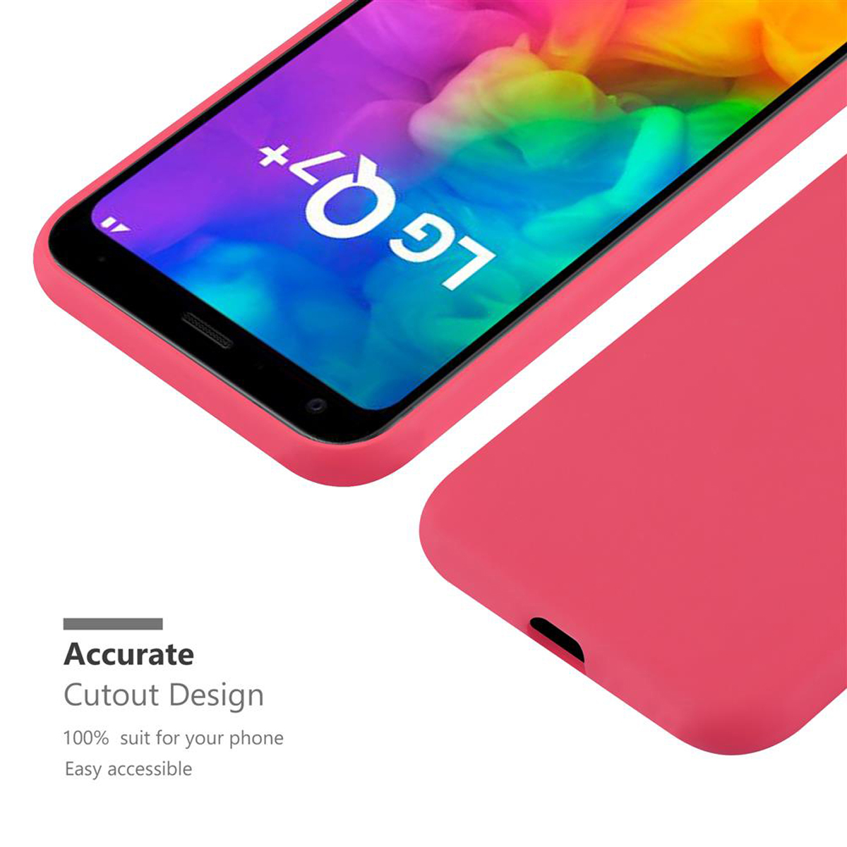 Custodia rosa per telefono. Testo sullo schermo del telefono. La custodia è su una superficie piana.