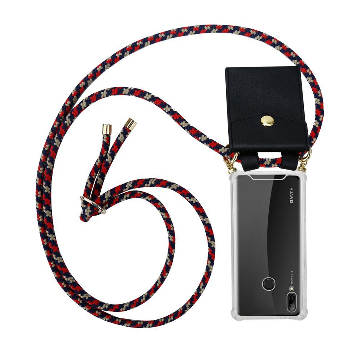 Custodia per telefono con cordino rosso e blu navy. Supporto nero simile a un portafoglio attaccato. Telefono con custodia trasparente.