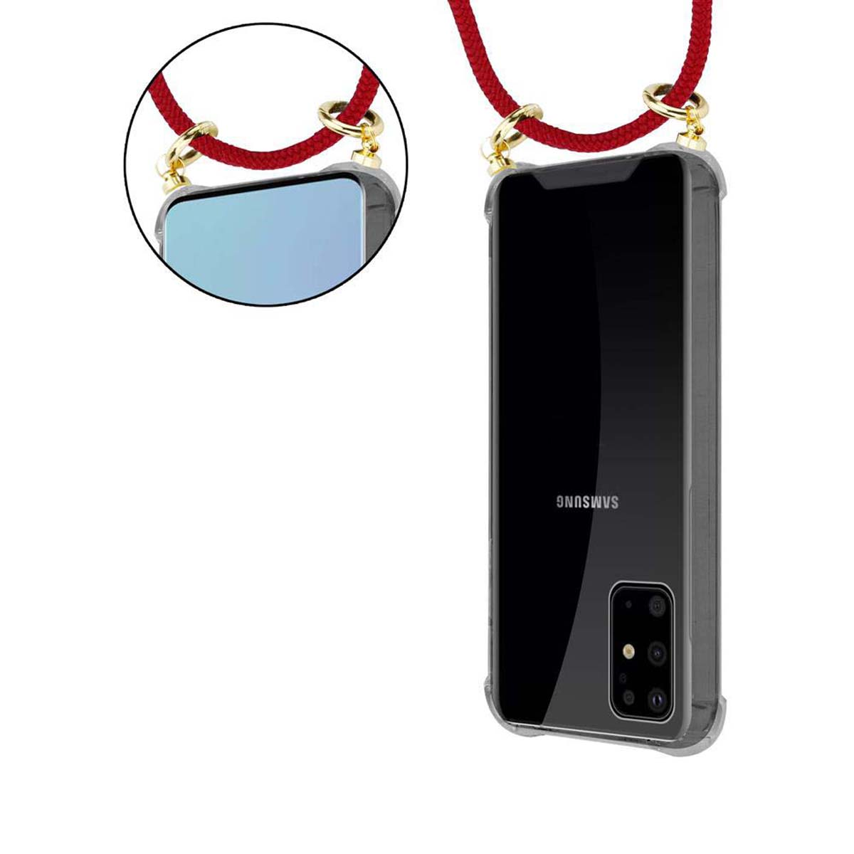 Telefono in una custodia trasparente con un cordino rosso, appeso a un cordino rosso. Il telefono è un Samsung.