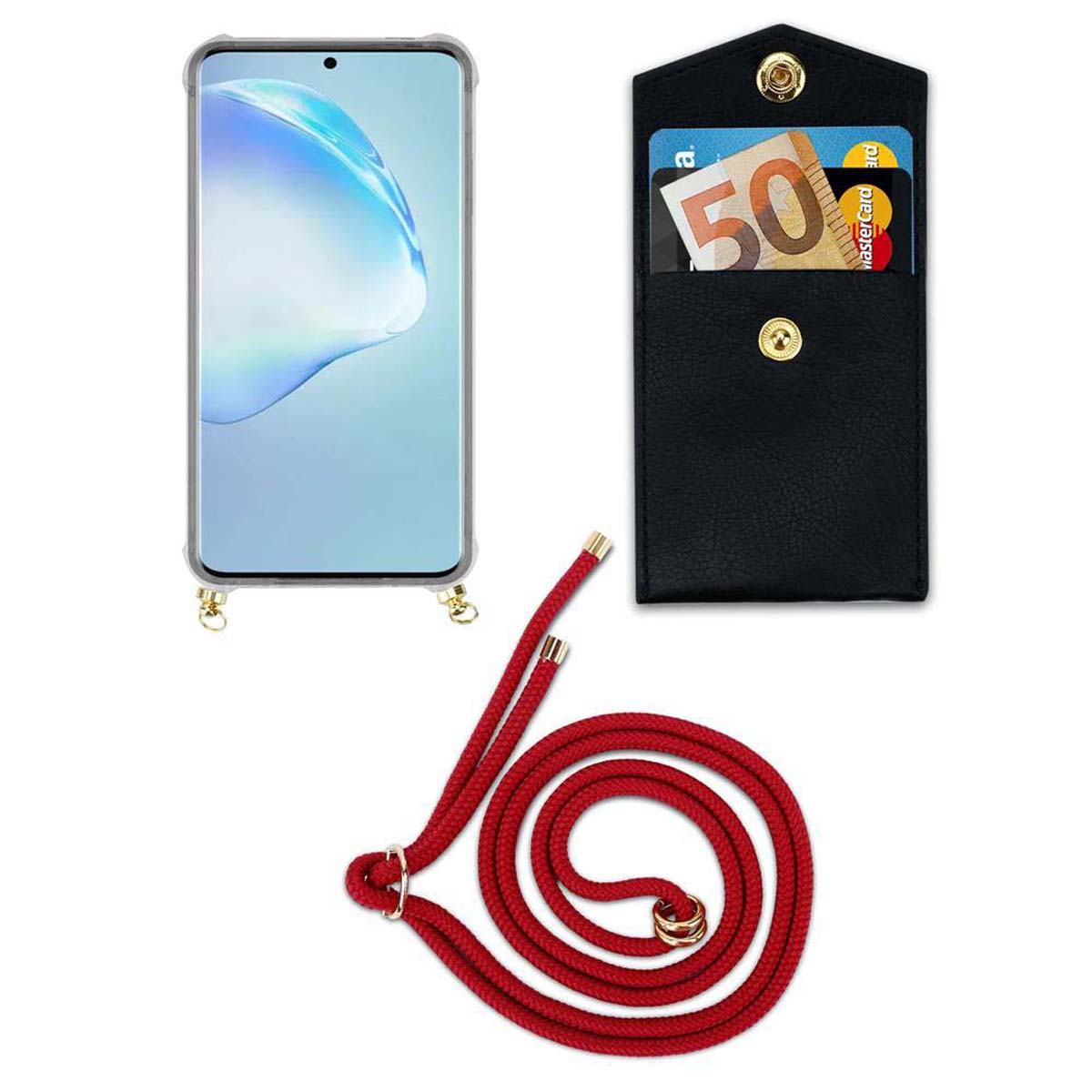 Custodia per telefono con corda rossa. Telefono dentro. Portafoglio nero con una carta e una banconota da 50 euro.