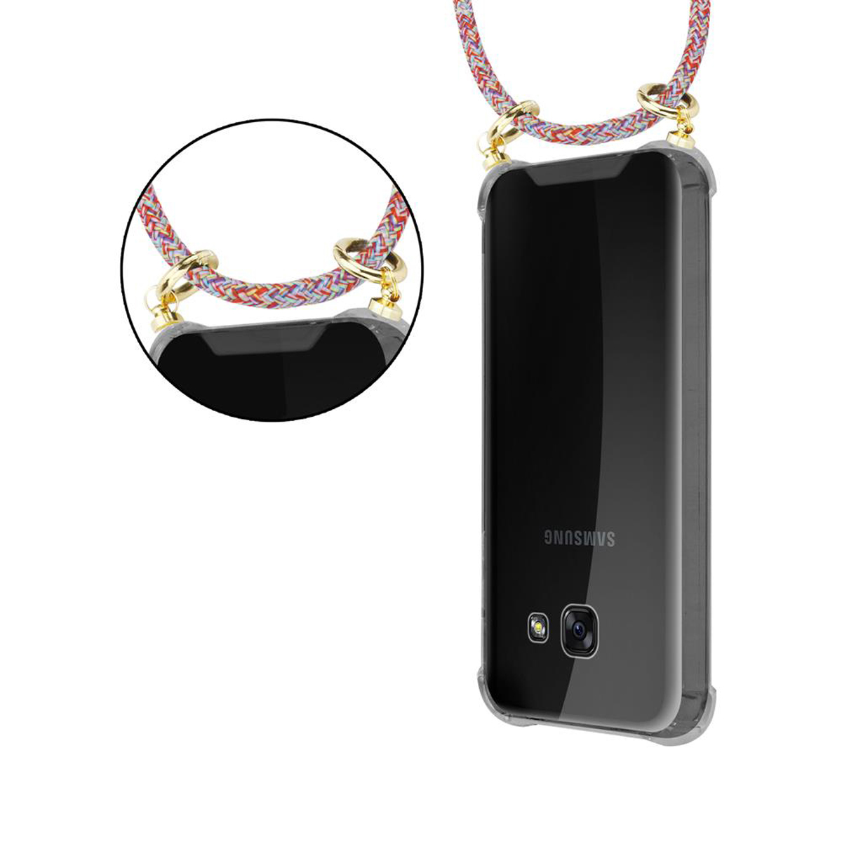 Ein Telefon mit durchsichtiger Hülle und Lanyard. Das Telefon ist schwarz. Fokus auf Telefon und Lanyard.