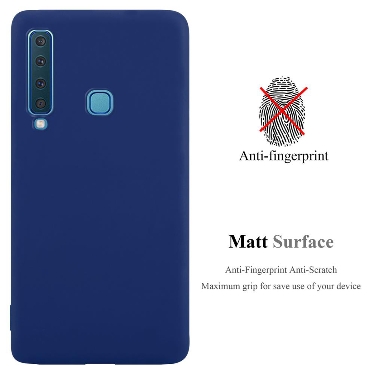 Custodia blu navy con simbolo impronta digitale sbarrato. Testo: 'Anti-fingerprint', 'Matt Surface'.