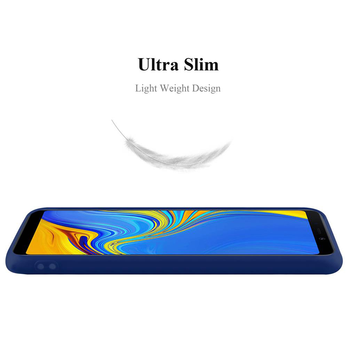 Una custodia blu con un telefono. Una grafica a forma di piuma sopra. Sfondo bianco. Ultra sottile e leggero.