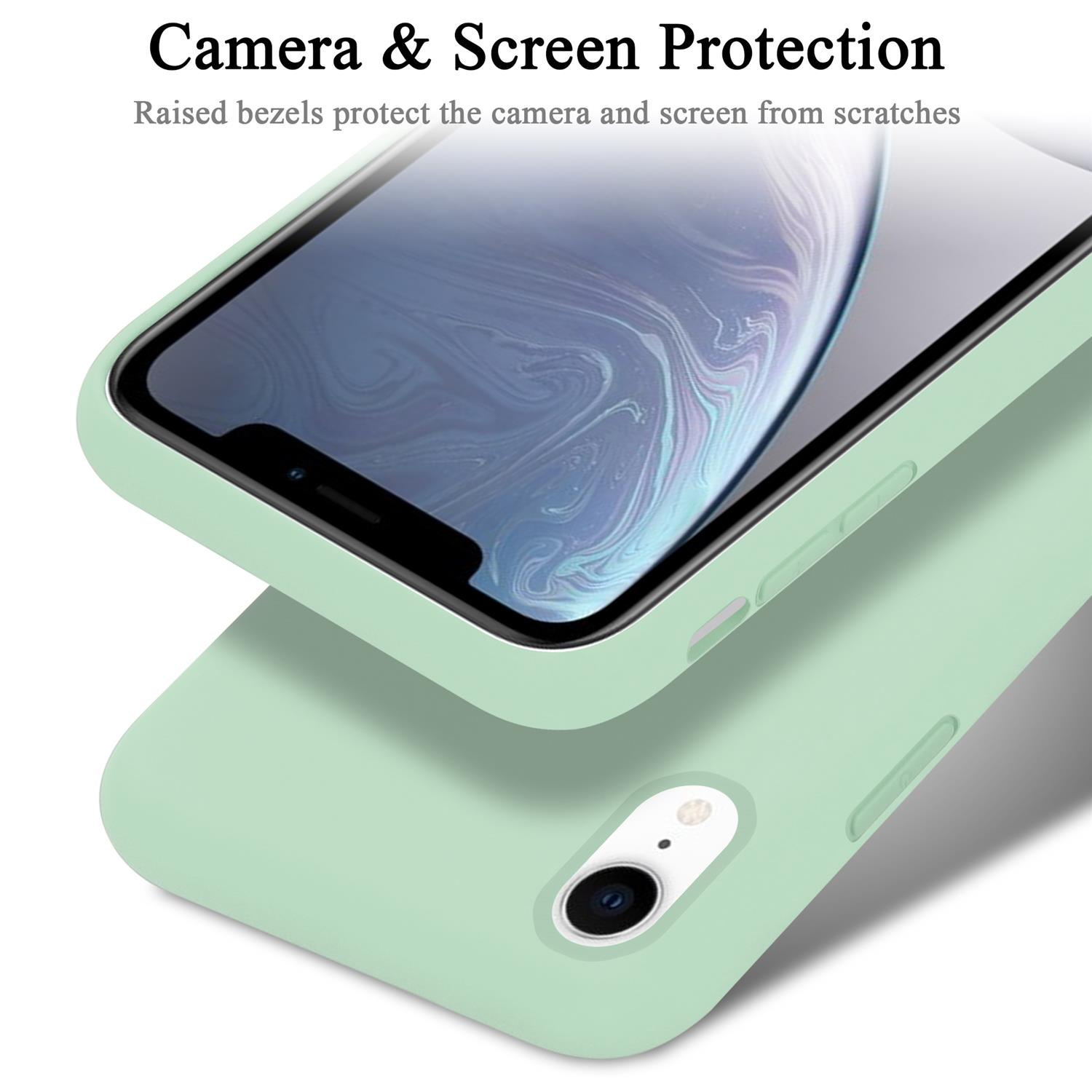 Mintgrüne Handyhülle. Ein Telefon sitzt in der Hülle, erhöhte Blenden schützen Kamera und Bildschirm.