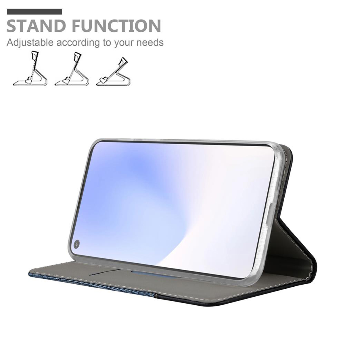 Custodia per telefono con funzione stand. Il telefono è in una custodia trasparente, lo stand ha diverse angolazioni.