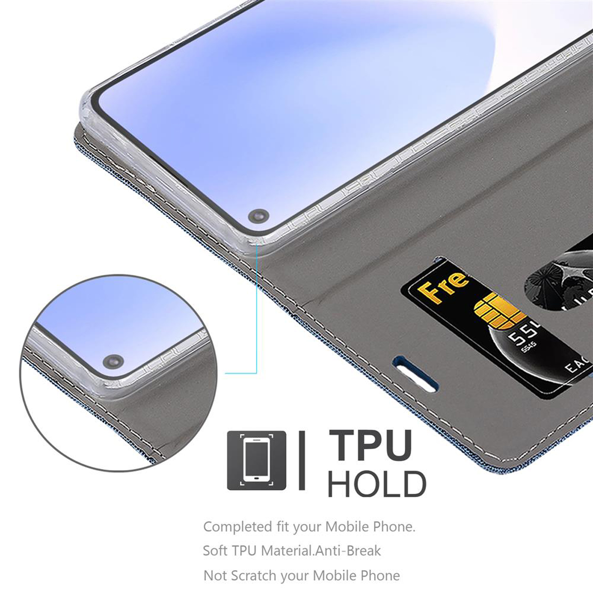 Una custodia per telefono con slot per schede, supporto in TPU e un telefono nella custodia. Sfondo bianco.