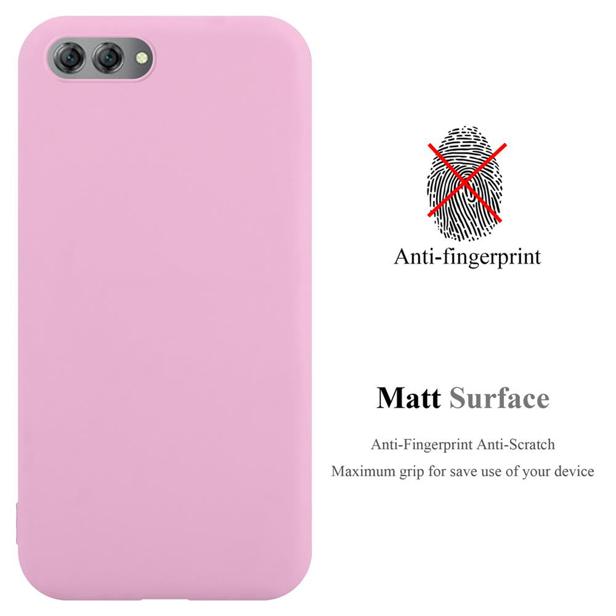 Eine rosa Handyhülle wird angezeigt. Der Text lautet 'Anti-Fingerabdruck' mit einem durchgestrichenen Fingerabdruck. 'Matt Surface' steht darunter.