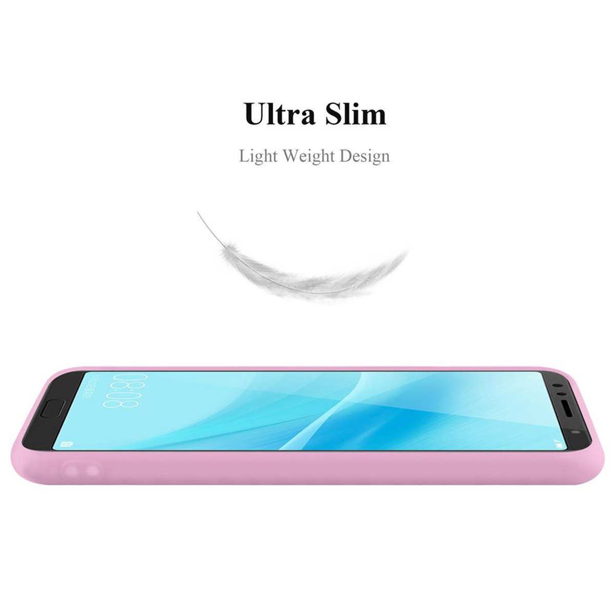 Eine rosa Handyhülle mit einer Feder darüber, mit den Worten 'Ultra Slim' und 'Light Weight Design'.