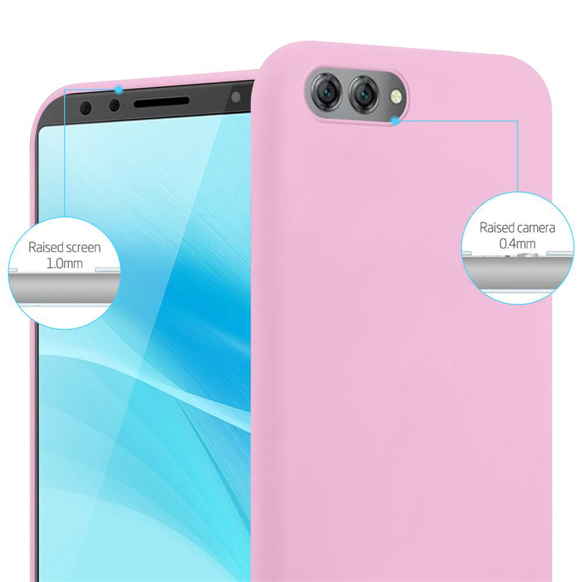 Zwei Handyhüllen, eine rosa, eine am Telefon. Beide zeigen erhöhten Bildschirm und Kamera.