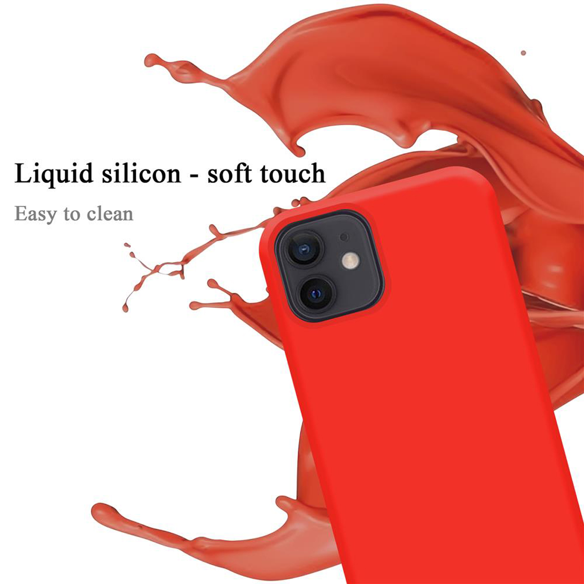 Eine rote Handyhülle mit einem Telefon darin. Ein Flüssigkeitsspritzer ist im Hintergrund zu sehen. Die Hülle sieht glänzend aus.