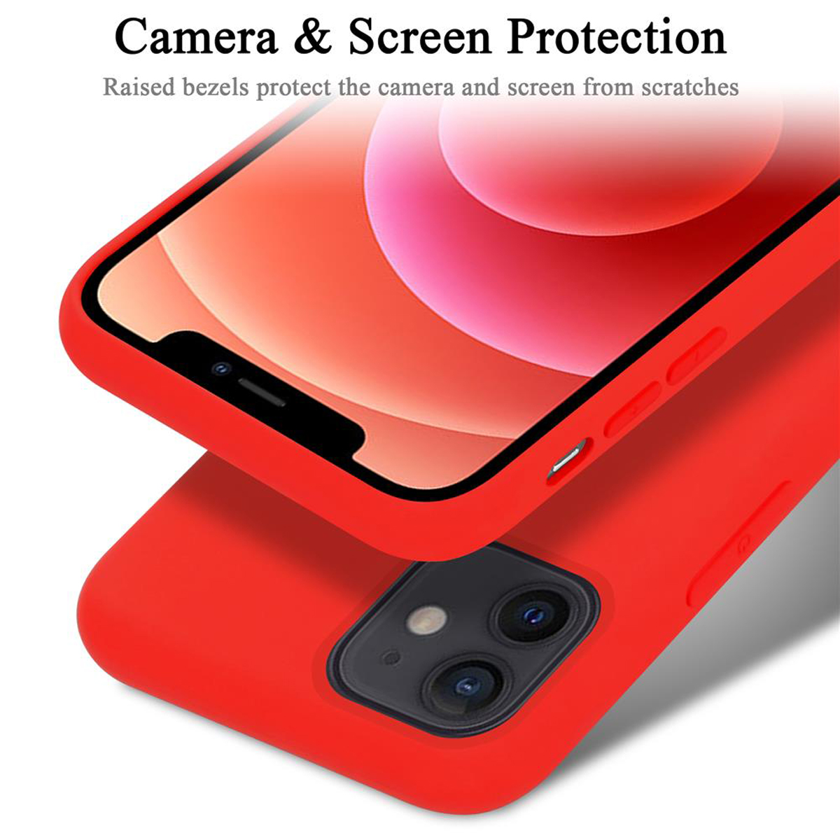 Rote Handyhülle mit Handy. Das Handy zeigt einen App-Bildschirm mit rosa Hintergrund.