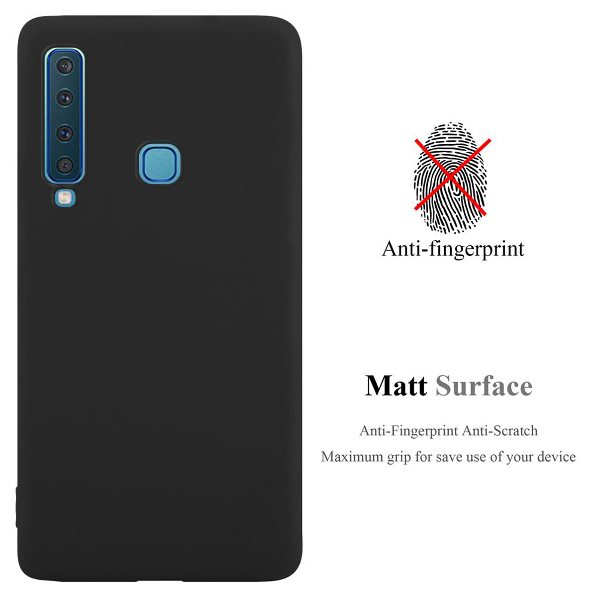 Custodia per telefono nera con marchio anti-impronta, testo sulla superficie e presa.