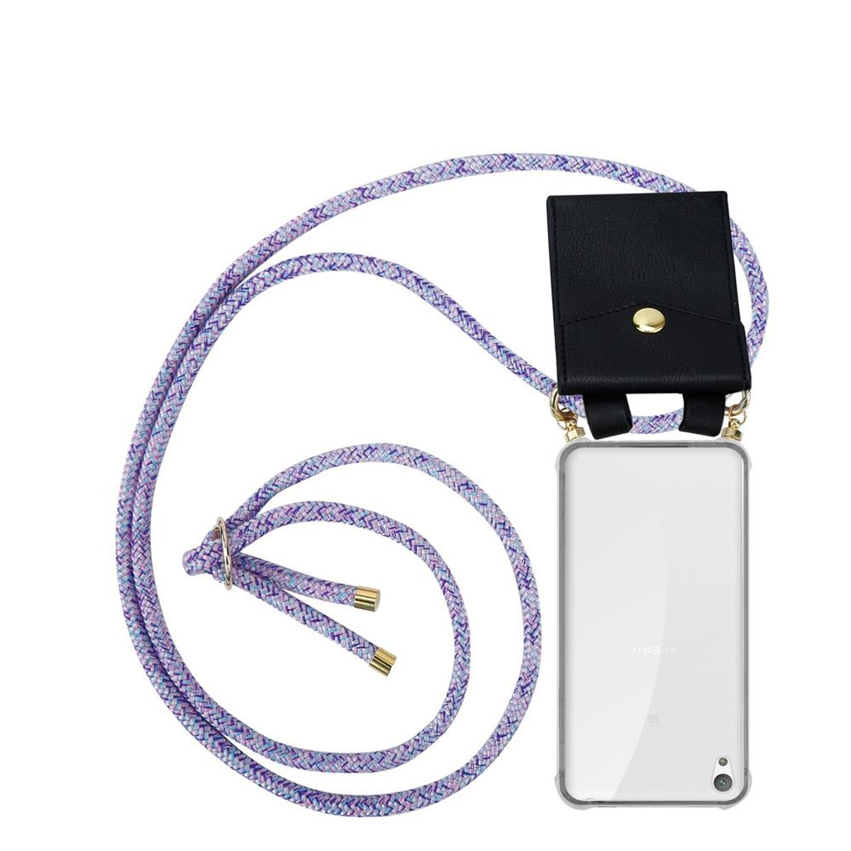 Telefon mit Lanyard, schwarzer Hülle und lila Kordel.