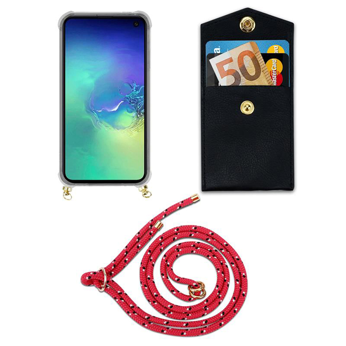 Un telefono in una custodia con cinturino rosso e un portafoglio nero con carte e contanti.