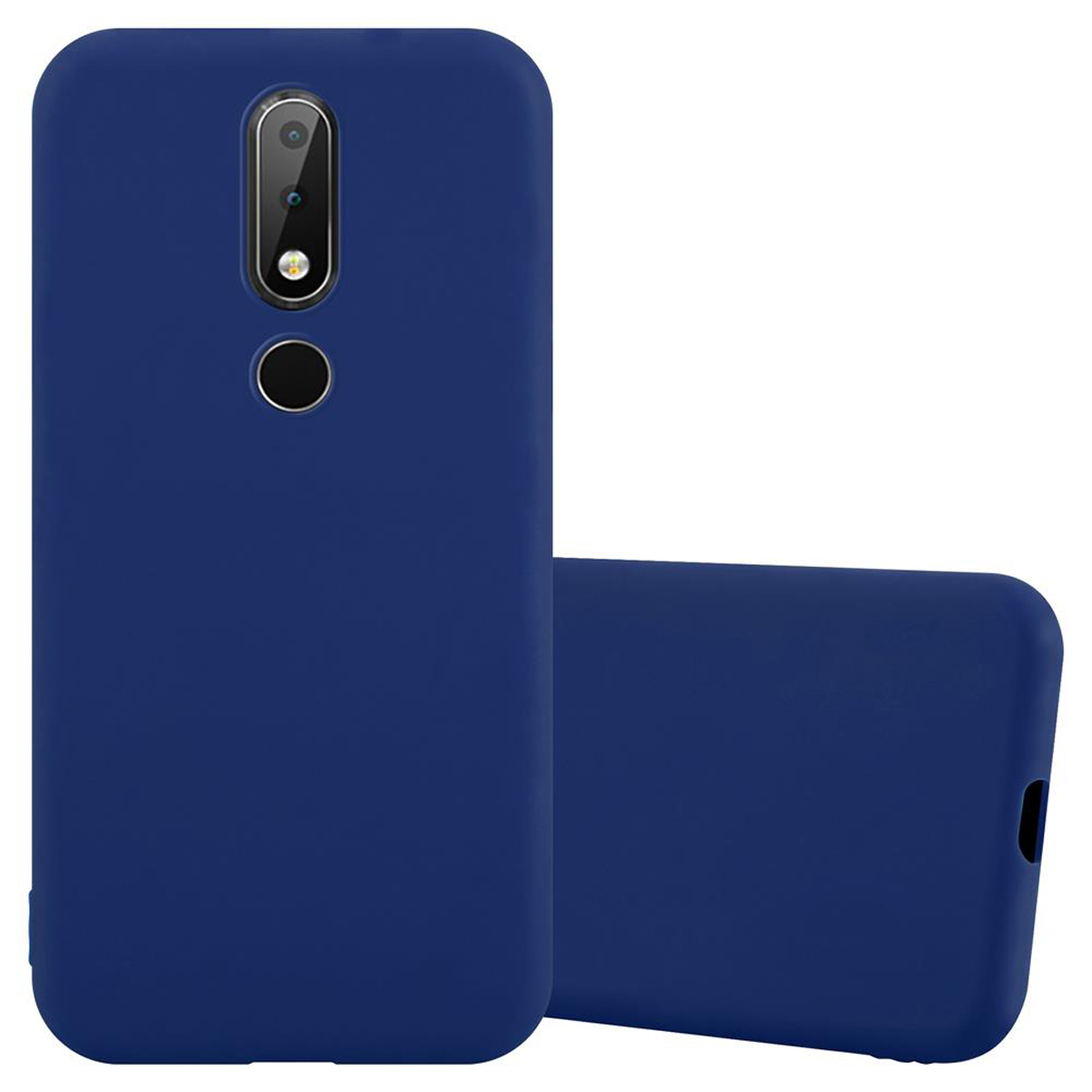 Dos fundas de teléfono azules, una vertical, la otra horizontal, sobre un fondo blanco. Cortes de cámara visibles.