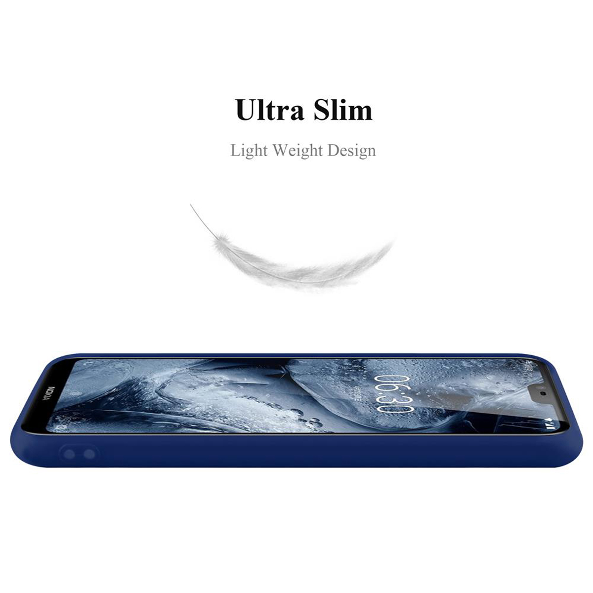 Funda de teléfono azul oscuro con un gráfico de pluma ligera.