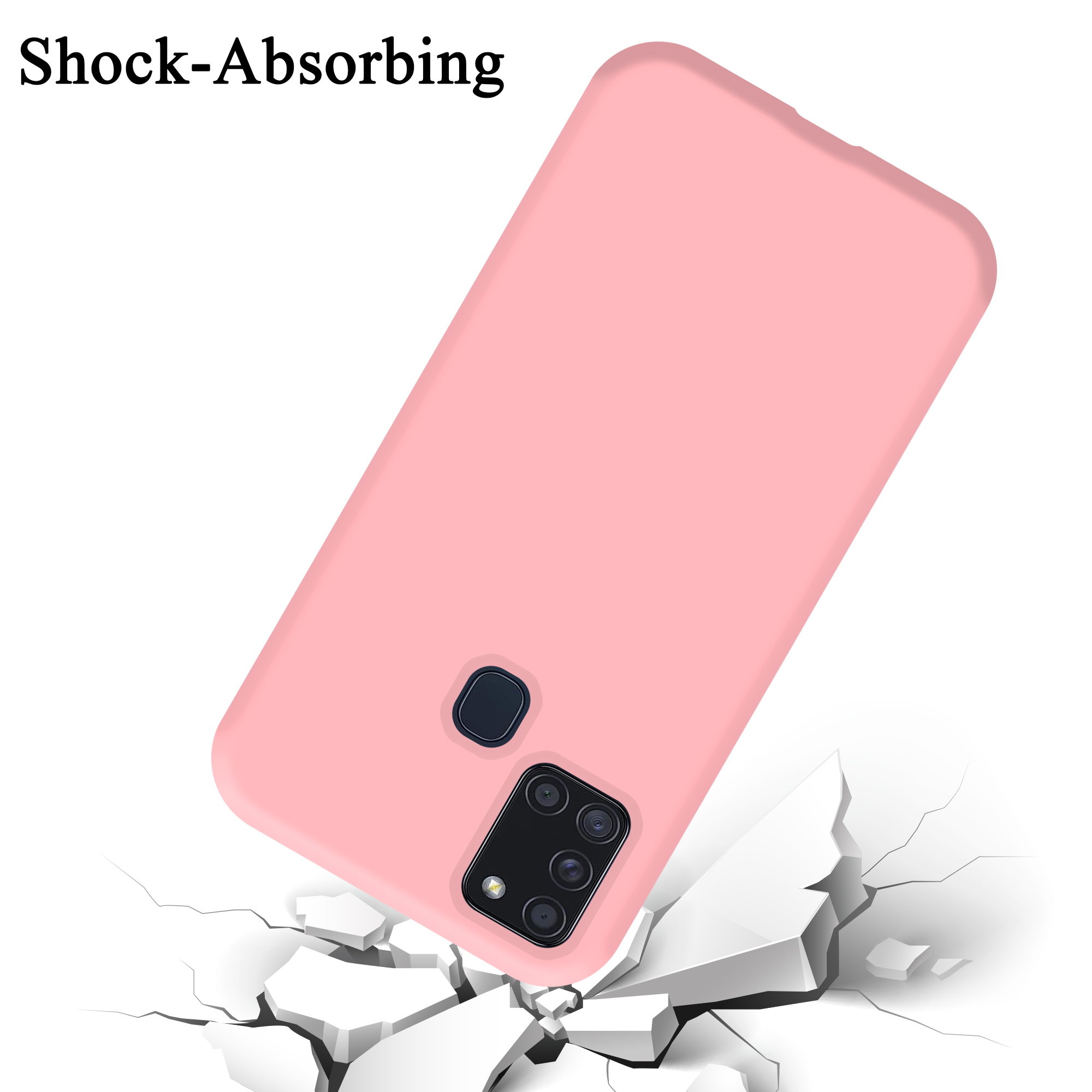 Rosa Handyhülle. Telefon fällt. Titel: Stoßdämpfend. Zerbrochener Boden im unteren Bereich.