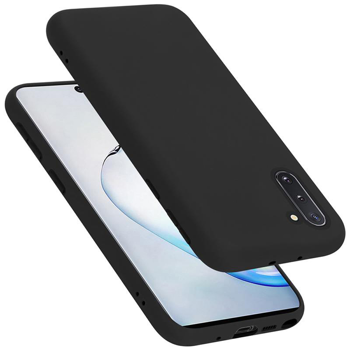 Zwei schwarze Handyhüllen, eine offen und die andere geschlossen. Das Telefon wird auf weißem Hintergrund gezeigt.