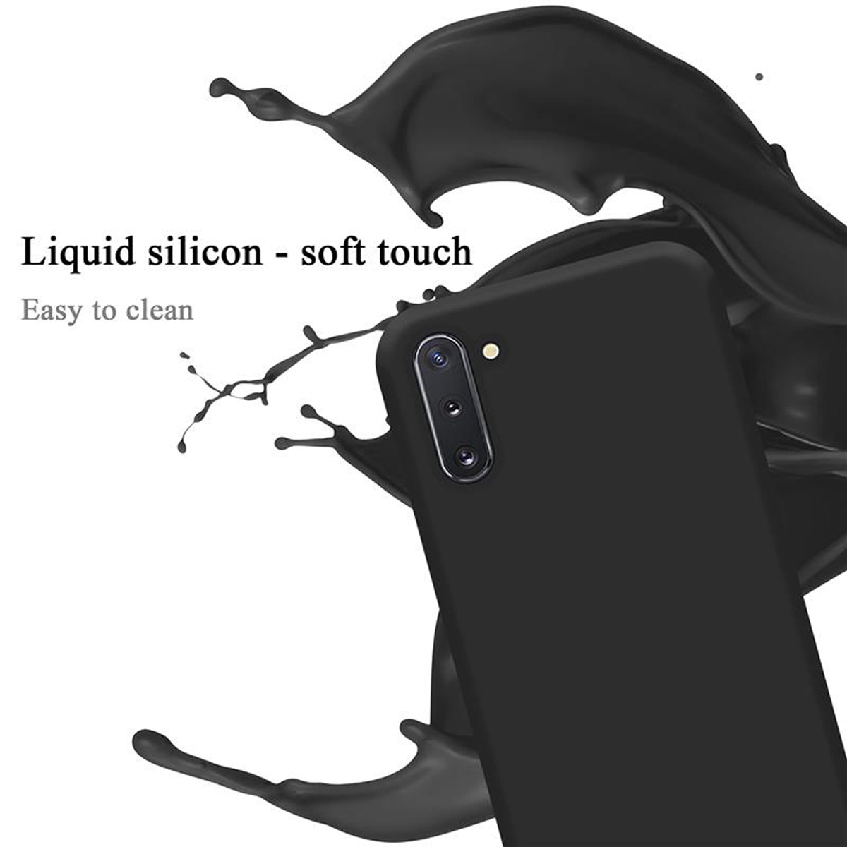 Schwarze Handyhülle mit Flüssigkeitsspritzer. Die Hülle ist schwarz, mit Soft-Touch-Finish und leicht zu reinigen.