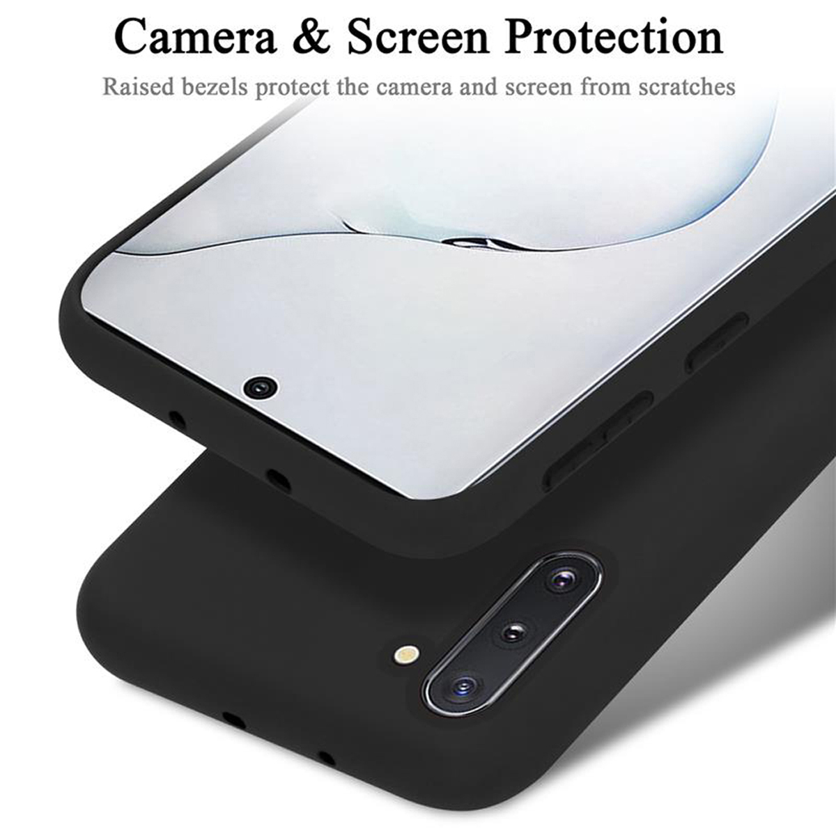 Eine schwarze Handyhülle mit einem Telefon darin. Die Hülle schützt Kamera und Bildschirm.