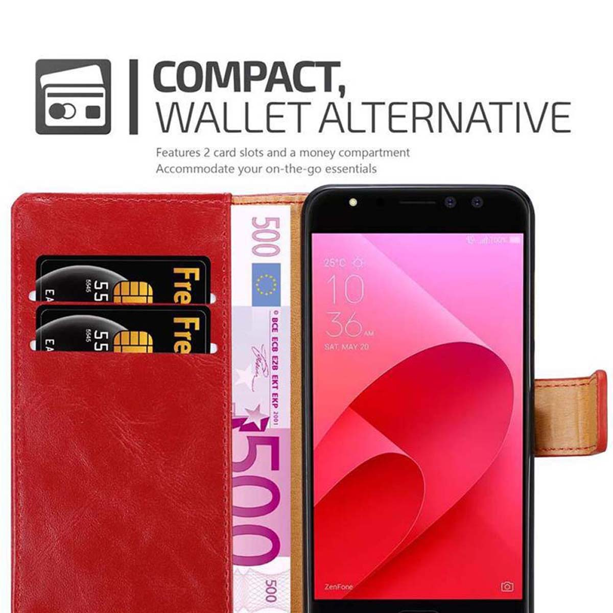 Custodia per telefono rossa, aperta per rivelare un telefono e delle carte. Viene mostrato anche un vano porta soldi.