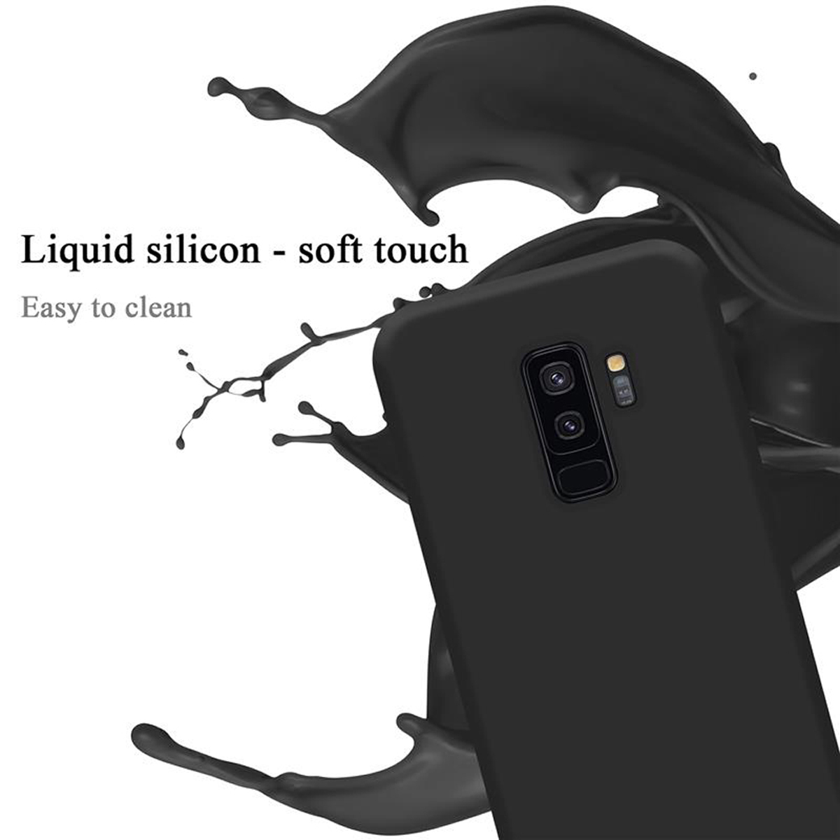 Telefono nero con schizzo di vernice nera. Il testo dice: Silicone liquido - tocco morbido. Facile da pulire.