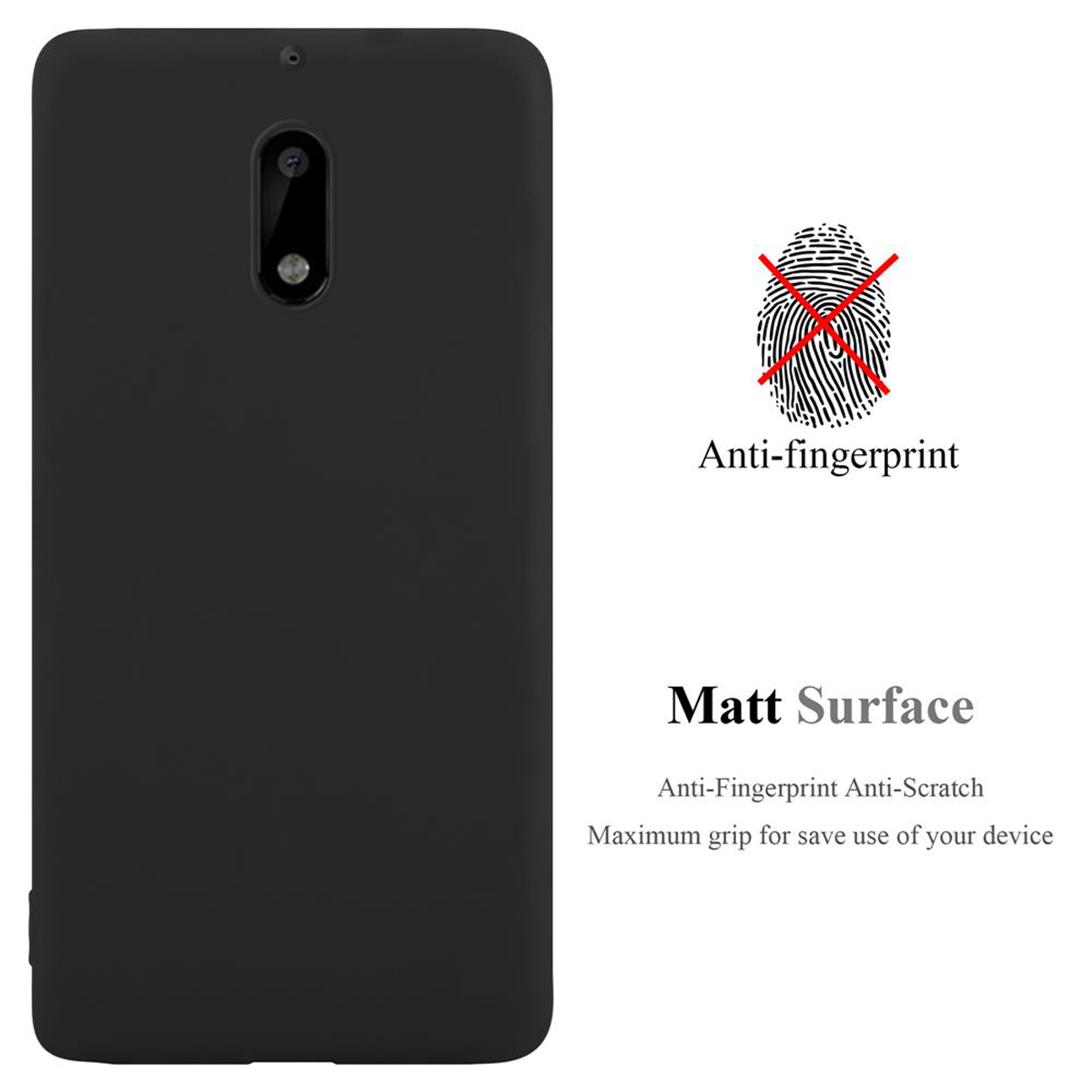 Custodia per telefono nera, anti-impronte e antigraffio. Testo: 'Matt Surface'. Sfondo bianco.