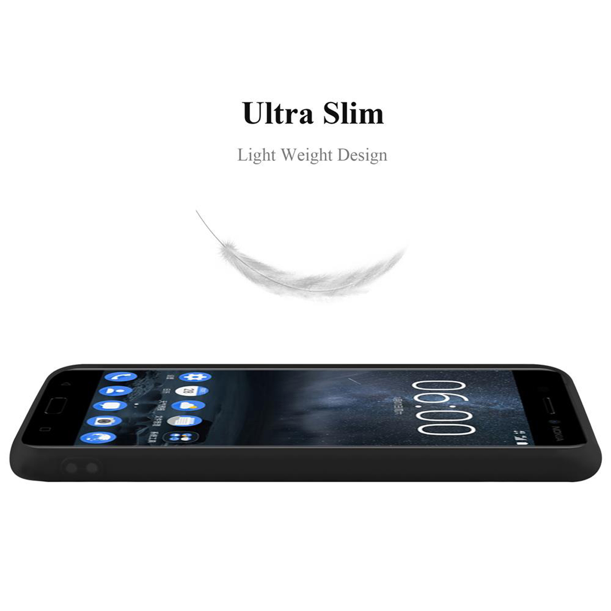 Telefono nero in una custodia, con testo 'Ultra Slim' e grafica a piuma.