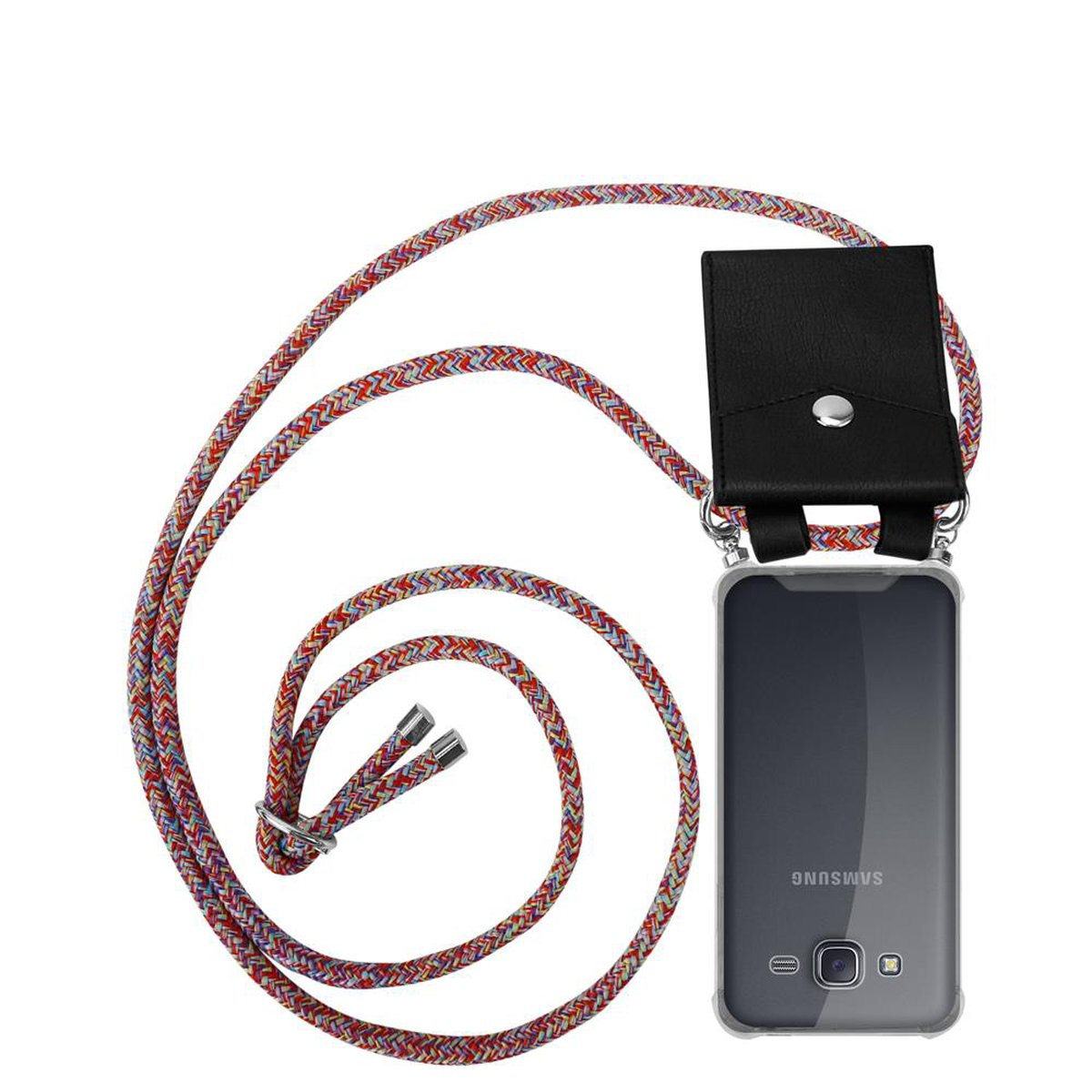 CADORABO Handy abnehmbarer COLORFUL Backcover, Ringen, 2015, mit Kordel und PARROT Galaxy Samsung, Silber Kette Hülle, J5 Band