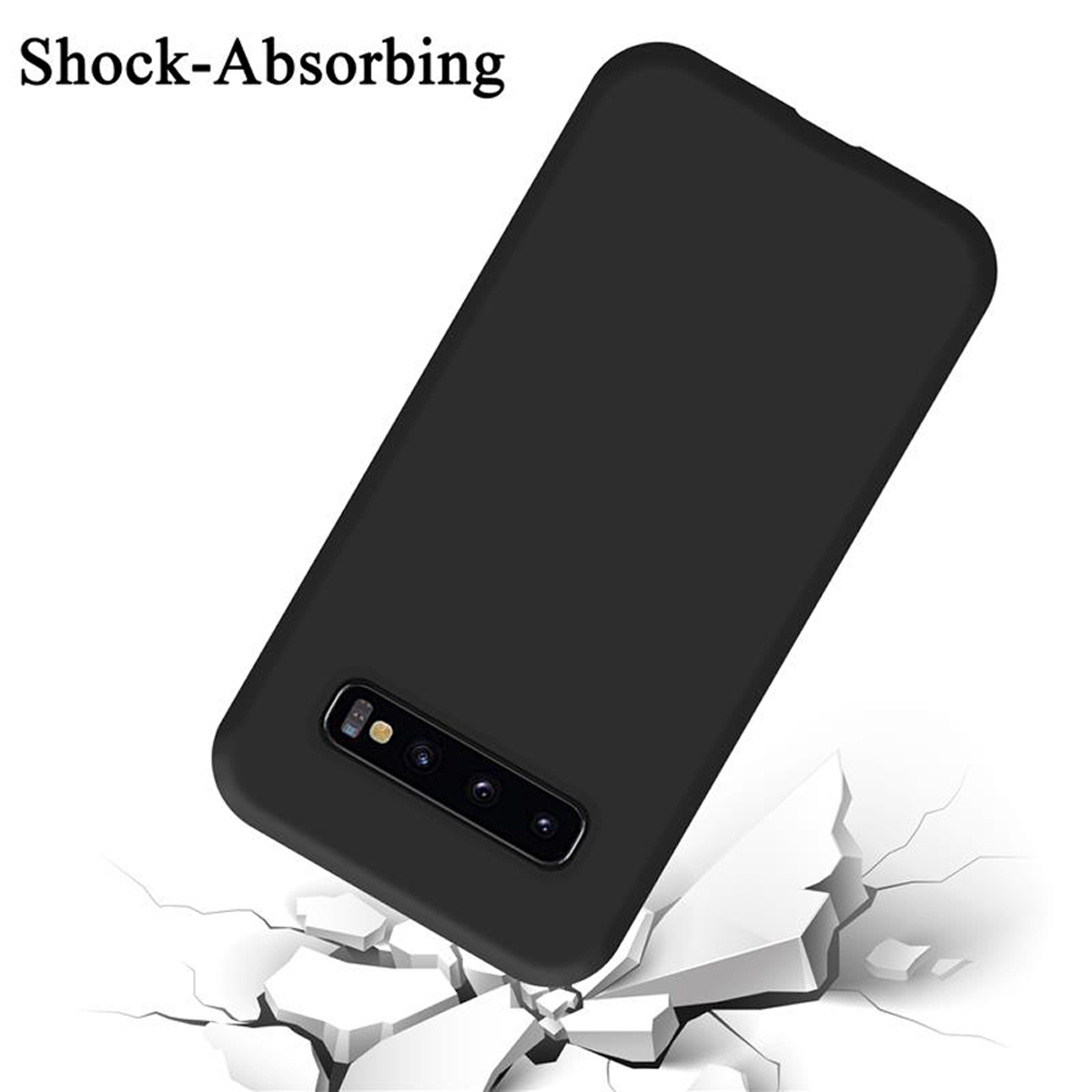 Schwarze Handyhülle mit dem Telefon im Inneren. Die Hülle ist abgewinkelt und liegt auf einer rissigen, weißen Oberfläche.