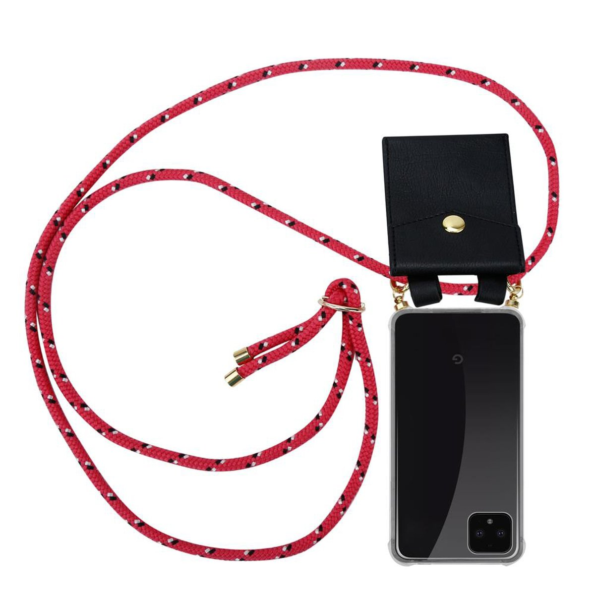 Ein Telefon mit einer durchsichtigen Hülle und ein rot-weißes Schlüsselband mit einem schwarzen Leder-Telefonhalter.