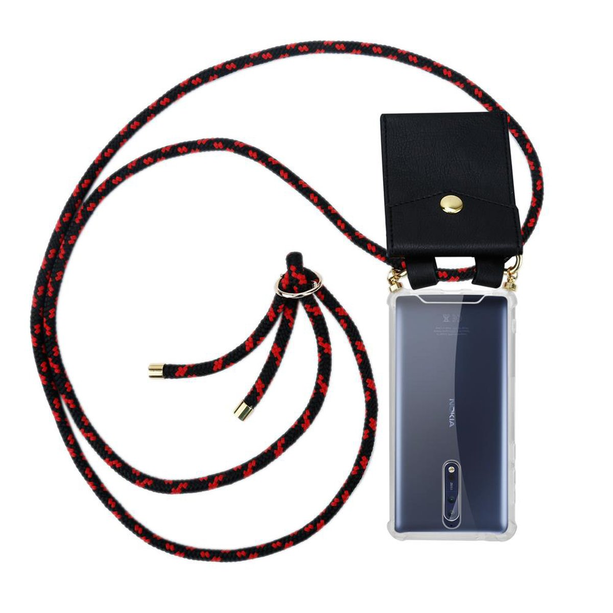 Telefon mit rot-schwarzem Lanyard und schwarzem Beutel. Das Telefon ist in einer transparenten Hülle.