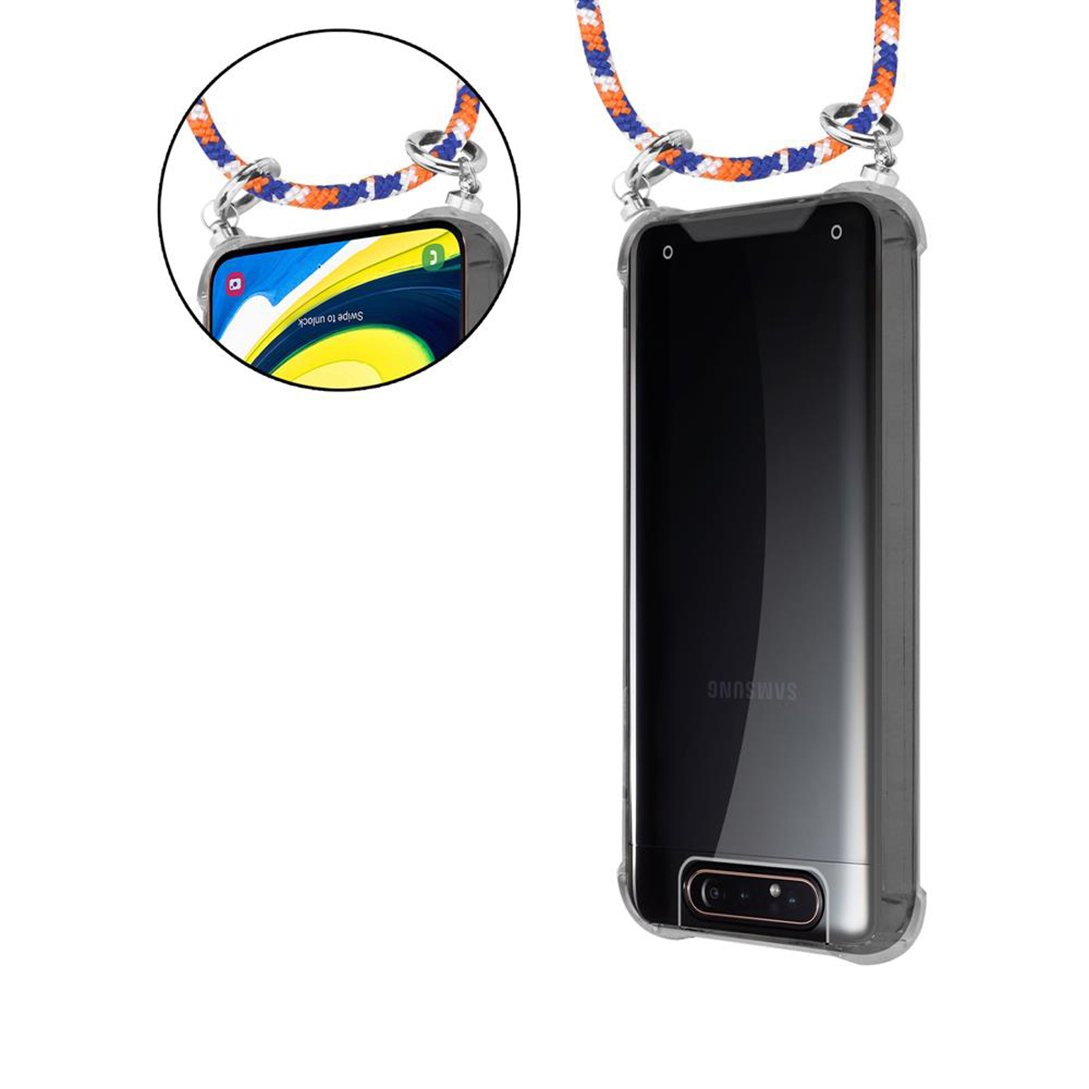 CADORABO Handy Kette mit Band A90 Ringen, abnehmbarer Galaxy Silber Hülle, und / 4G, Backcover, Kordel A80 Samsung, BLAU ORANGE WEIß