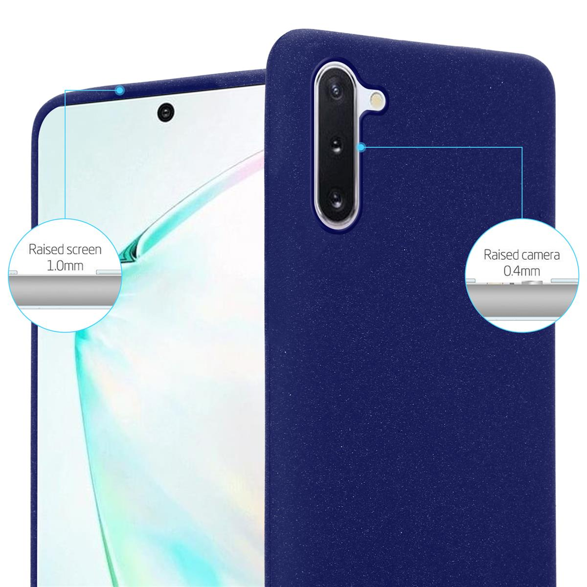 Una custodia per telefono blu navy con diagrammi che mostrano schermo e fotocamera rialzati.