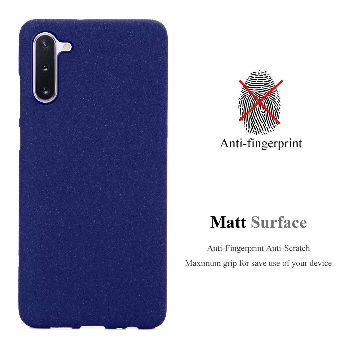 Custodia per telefono blu navy con testo 'Anti-impronte' e 'Superficie opaca' con simbolo impronta digitale.