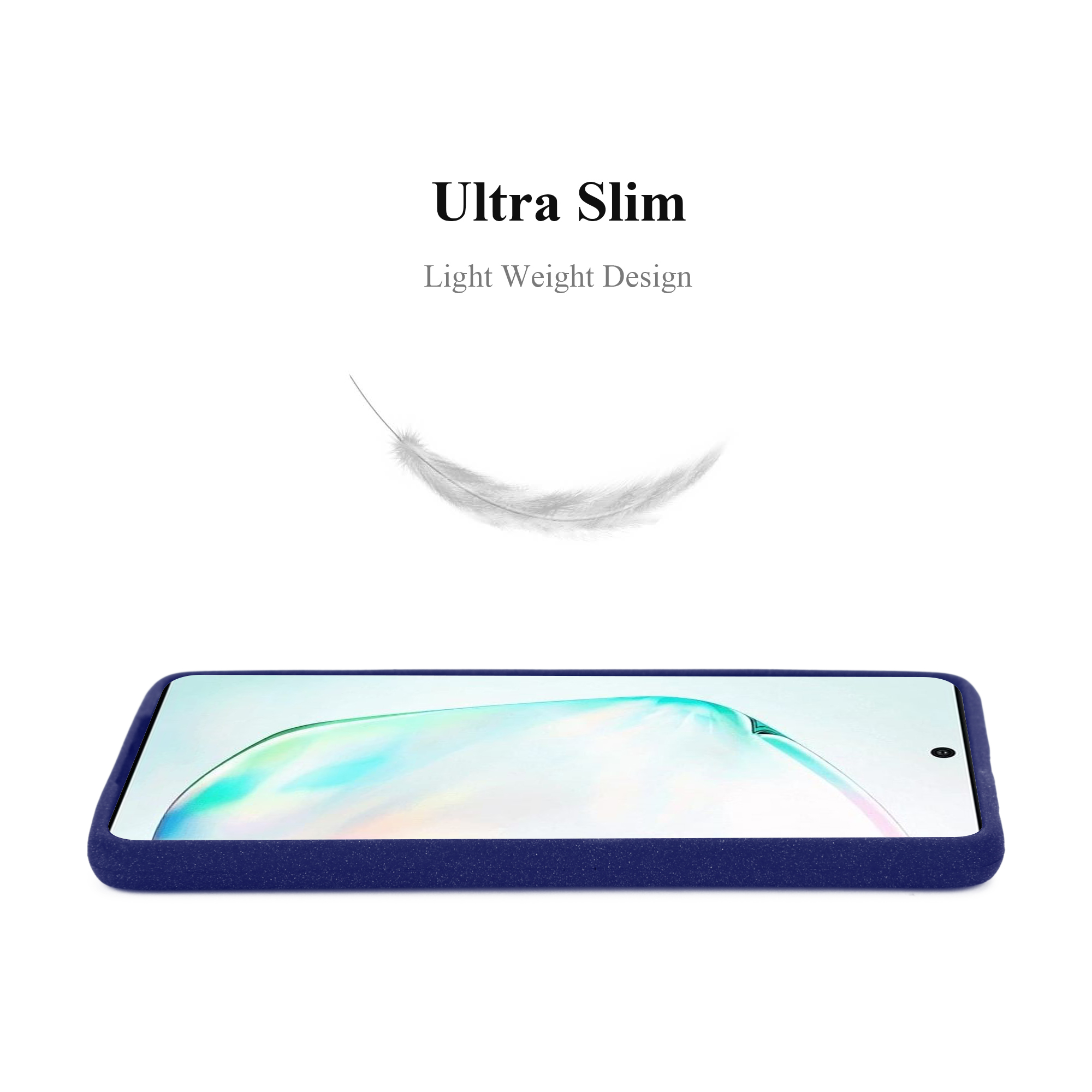 Custodia per telefono blu, ultra sottile, con grafica a piuma bianca. Sfondo bianco.