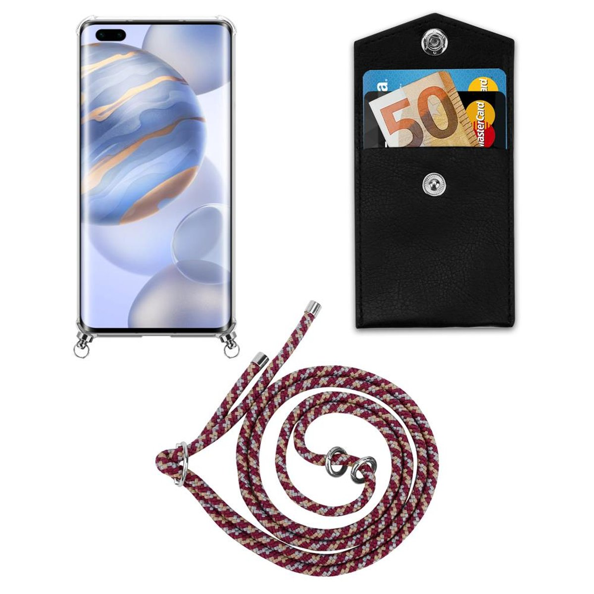 CADORABO Handy Kette mit ROT Silber abnehmbarer GELB und Hülle, WEIß Ringen, Honor, Band 30 PRO, Kordel Backcover