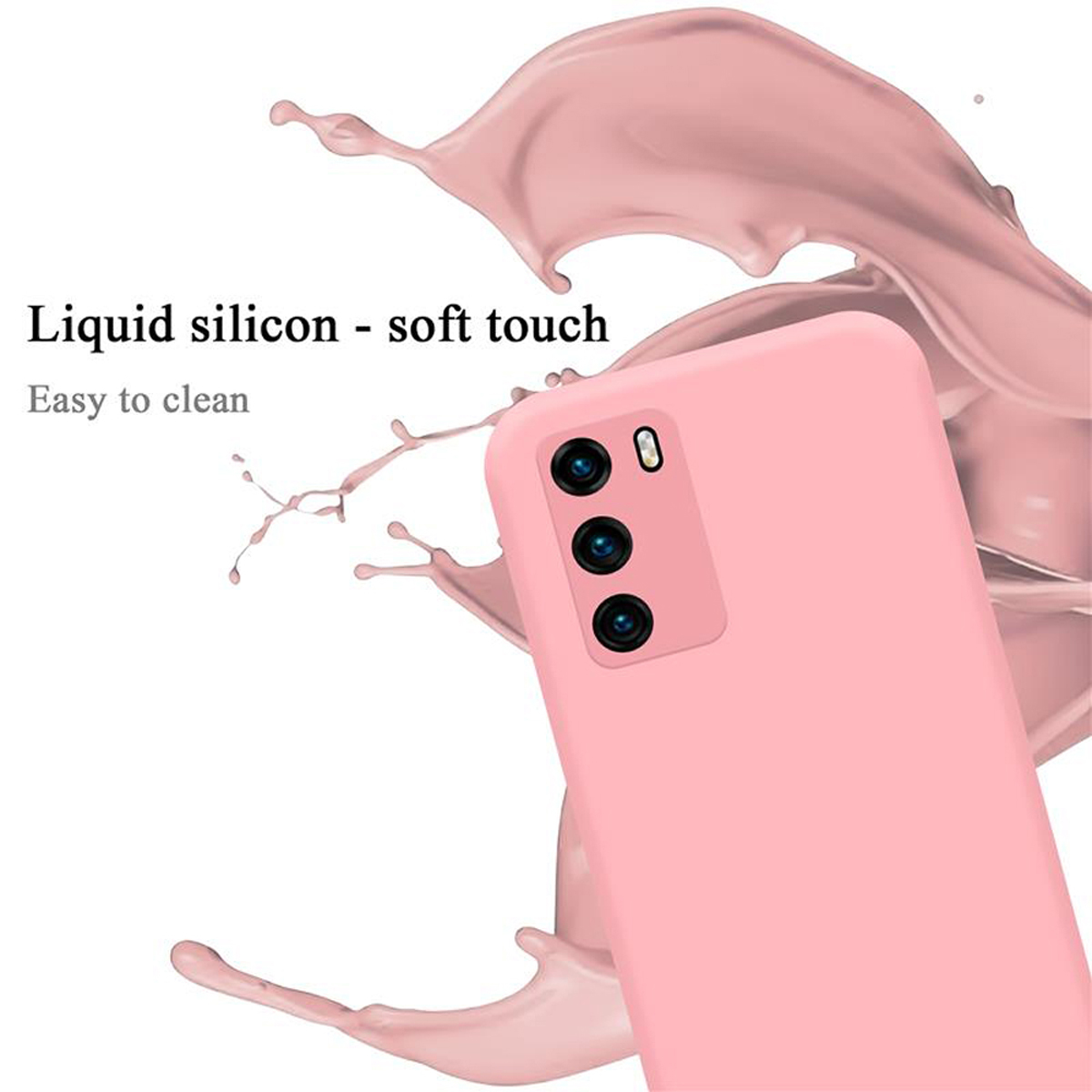 Custodia per telefono rosa. Il testo dice: Silicone liquido - tocco morbido. Facile da pulire.