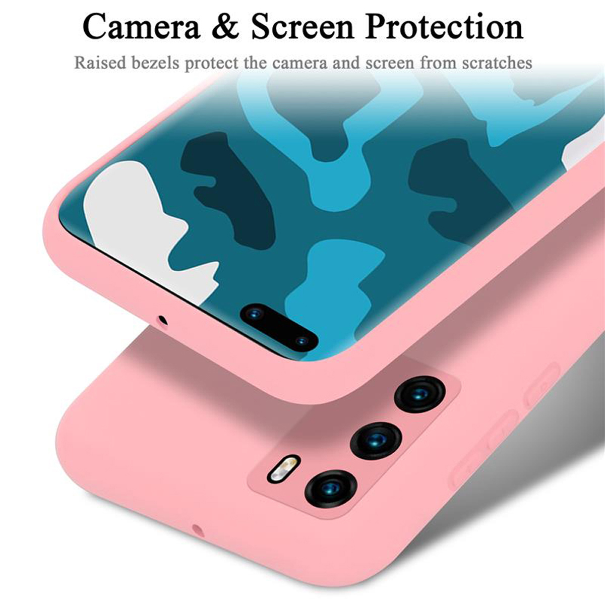 Primo piano di una custodia per telefono rosa con uno schermo del telefono che mostra un design blu e verde.