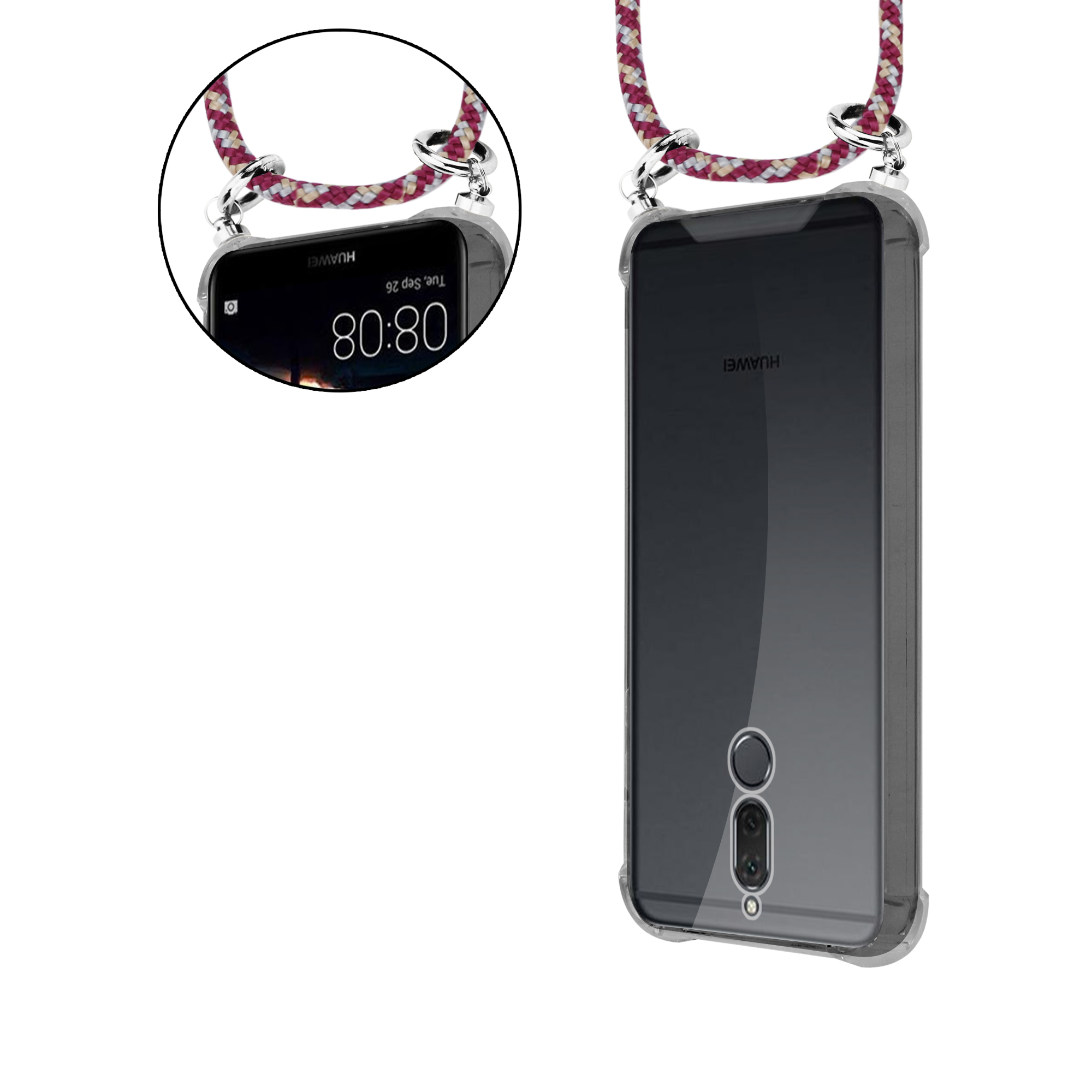 Ein Telefon in einer transparenten Hülle mit einem rot-weißen Schlüsselband. Der Bildschirm des Telefons zeigt Details.