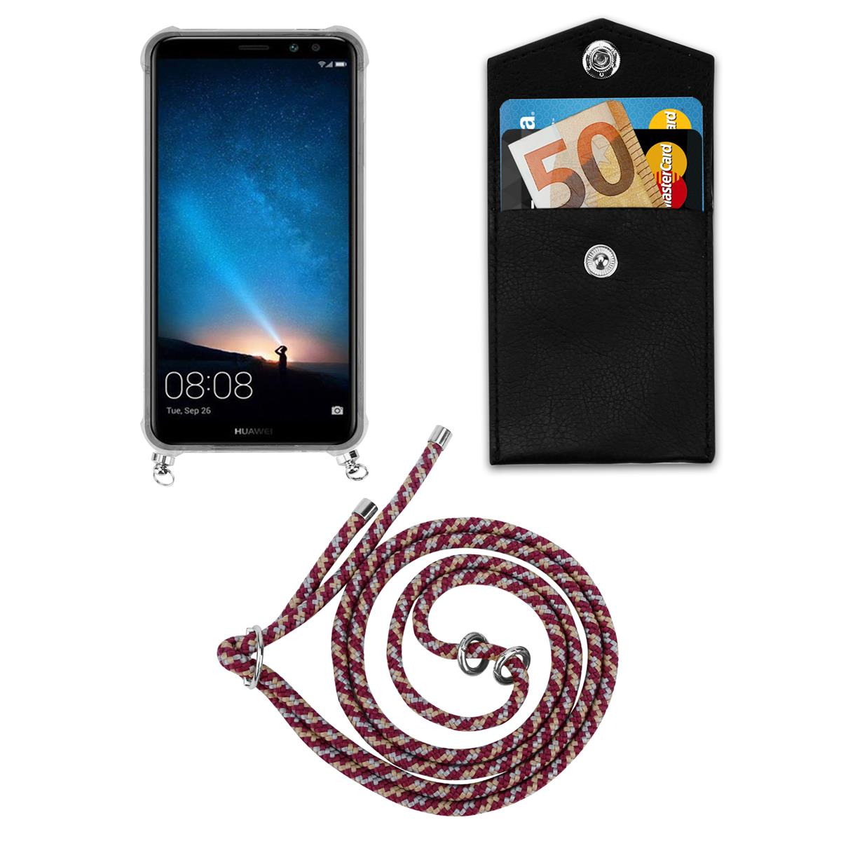 Handyhülle, Lanyard und Portemonnaie. Das Portemonnaie enthält einen 50-Euro-Schein und Karten. Das Handy zeigt einen Sternenhimmel.